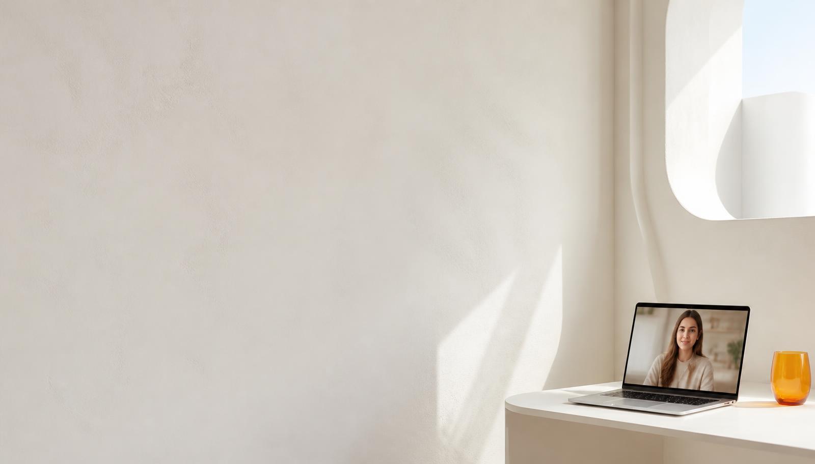 Illustrative workspace with a video conversation on a laptop, not a CueVue product screenshot